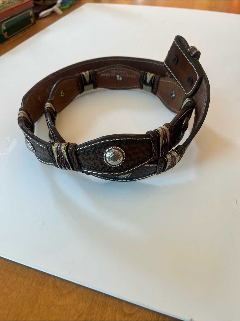 Western style belt, genuine full grain leather, Aztec fabric inlay and conches